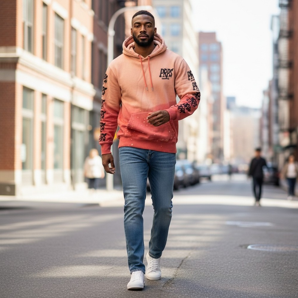 PRPS Goods & Co Mens Peach Red Dip Dye Bleach Splatter Graphic Hoodie Med